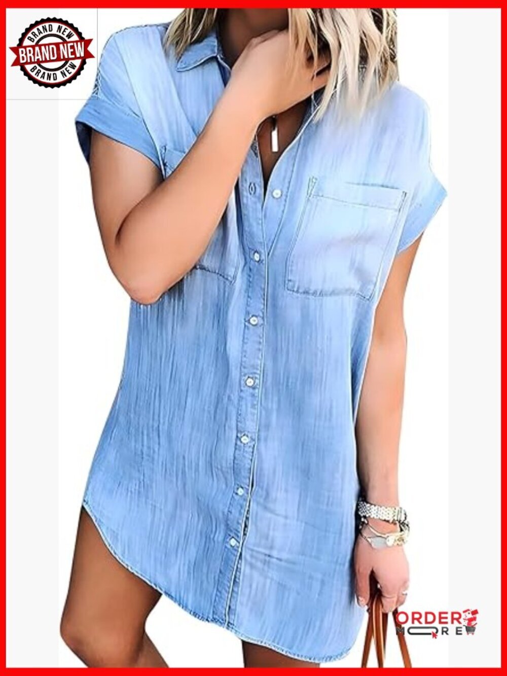 Short Sleeve Denim Button Down Shirt Dress Casual